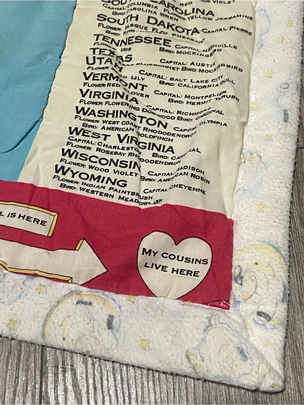 Vintage United States Wall Hanging Quilt Map State Flower/Bird Classroom Decor